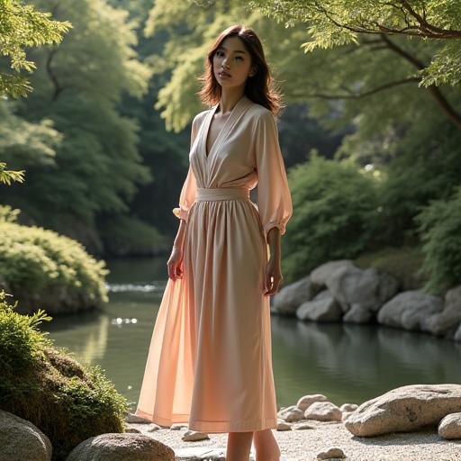 日本の伝統的な庭園でポーズをとるモデル